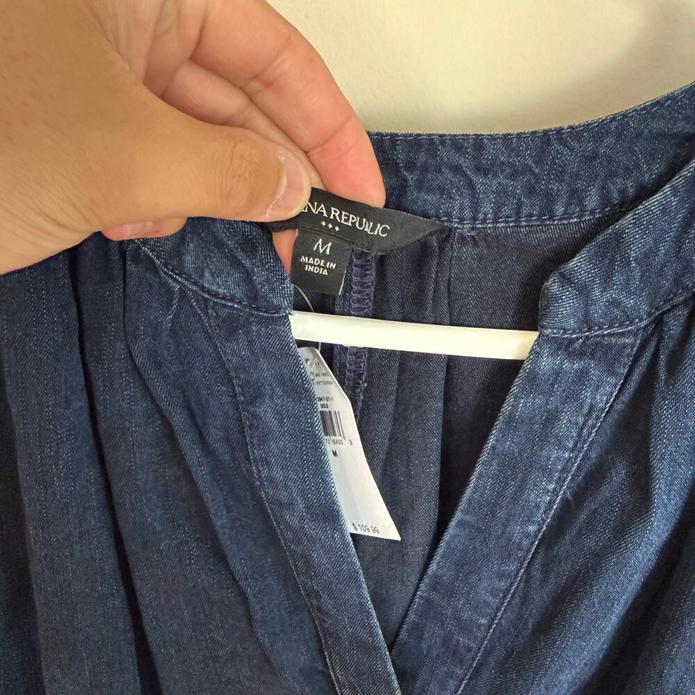 New With Tags Denim Dark Wash Chambray Banana Republic Belted Midi Dress- Medium - Picture 3 of 10
